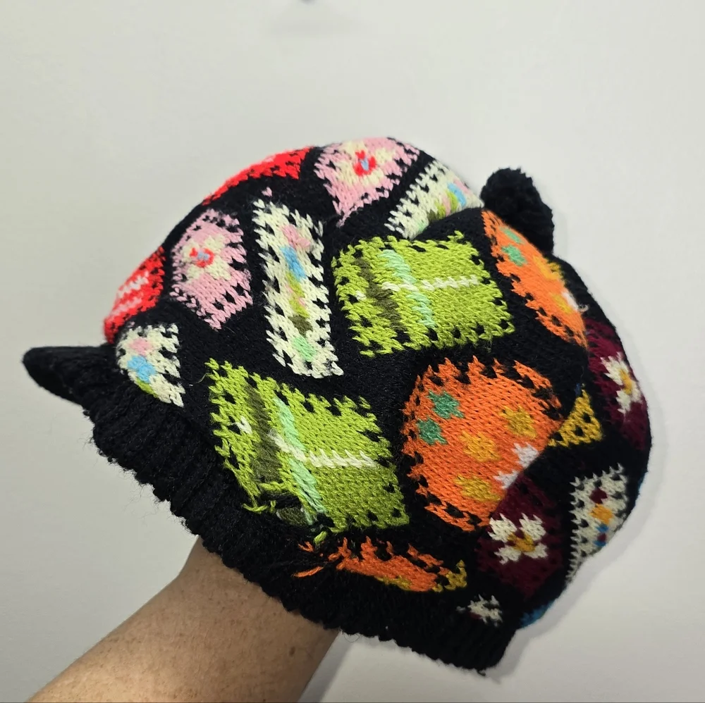 Zwicker Vintage Granny Square Hat Patchwork Pom Pom Crochet Festival Retro